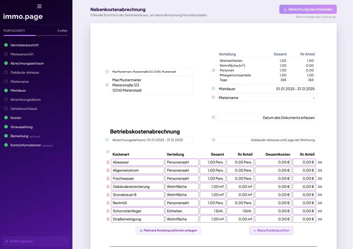 Nebenkostenabrechnung online erstellen mit immo.page